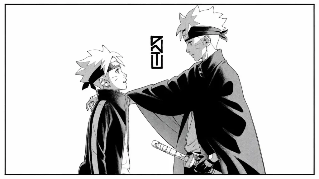 بوروتو اوزوماکی در مقابل نسخه کوچکتر خود در مانگای Boruto: Two Blue Vortex؛ صحنهای احساسی و نمادین از رویارویی نسل جدید و قدیم.