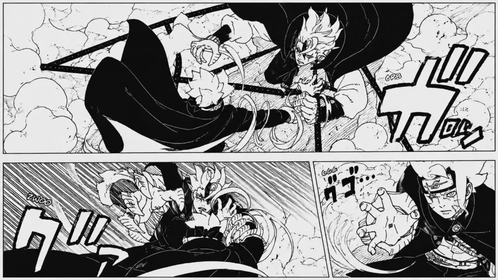 بوروتو اوزوماکی در یک نبرد شدید از مانگای Boruto: Two Blue Vortex؛ صحنهای اکشن با درگیری تنبهتن، شنلهای در حال حرکت و جلوههای پرانرژی که تقابل دو رقیب قدرتمند را به تصویر میکشد.