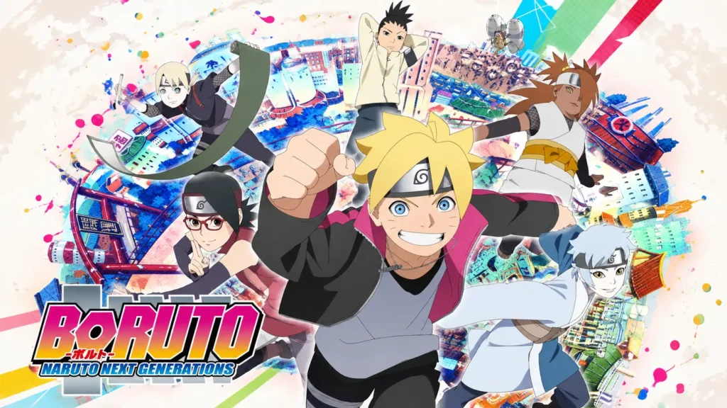 پوستر رنگی انیمه Boruto: Naruto Next Generations با حضور بوروتو اوزوماکی در مرکز تصویر و اعضای تیم ۷ شامل سارادا اوچیها، میتسوکی، شیکادای نارا، اینوجین یاماناکا و چوچو آکیمیچی در پسزمینهای از دهکده کونوها.