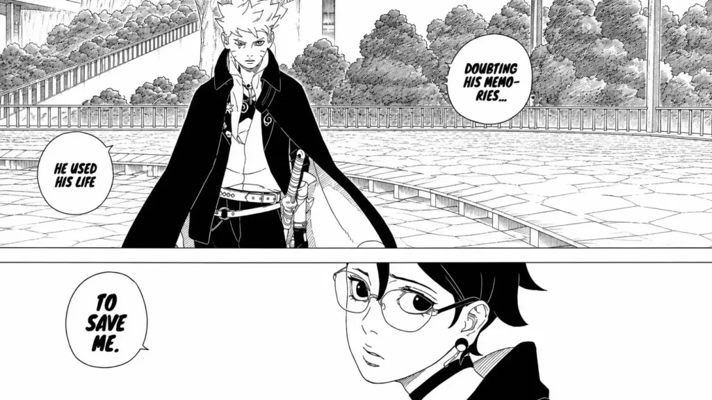 بوروتو اوزوماکی و سارادا اوچیها در یک پنل احساسی از مانگای Boruto: Two Blue Vortex؛ بوروتو با شنل و شمشیر در حال صحبت با سارادا است و فضای صحنه بر فداکاری و اعتماد میان آنها تأکید دارد.