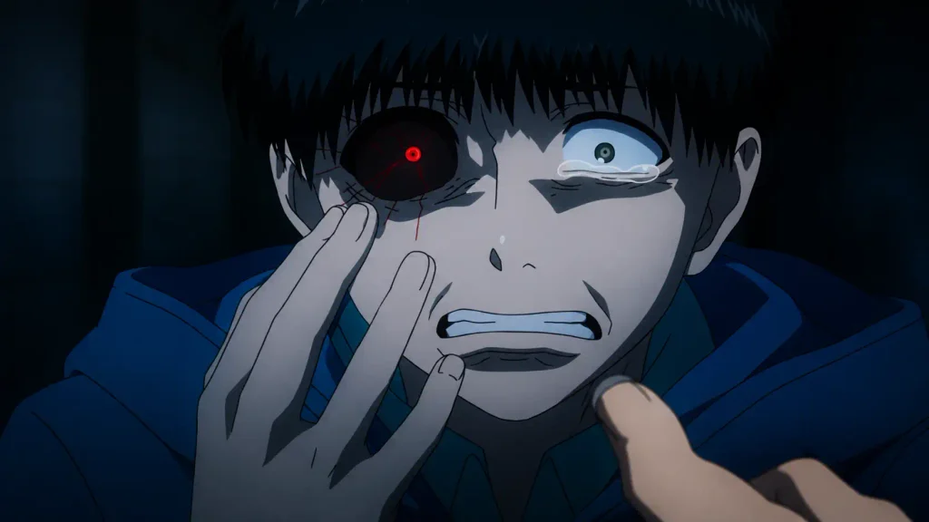 Tokyo Ghoul — نمای نزدیک کانکی کن با چشم غول و چهره‌ای مضطرب