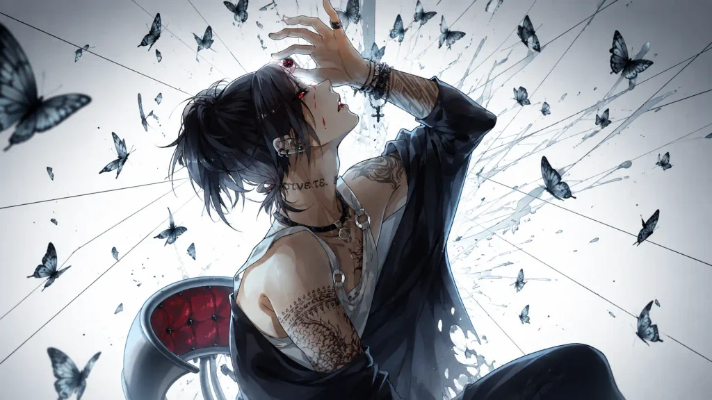 اوتا از Tokyo Ghoul با موهای تیره، تتو و چشمان قرمز در میان پروانه‌های آبی