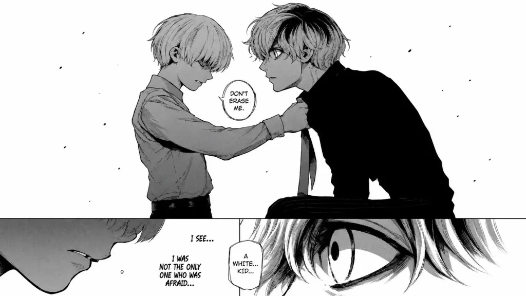 کانکی کن و یک شخصیت سفیدمو از Tokyo Ghoul در نمایی سیاه‌وسفید و احساسی از مانگا