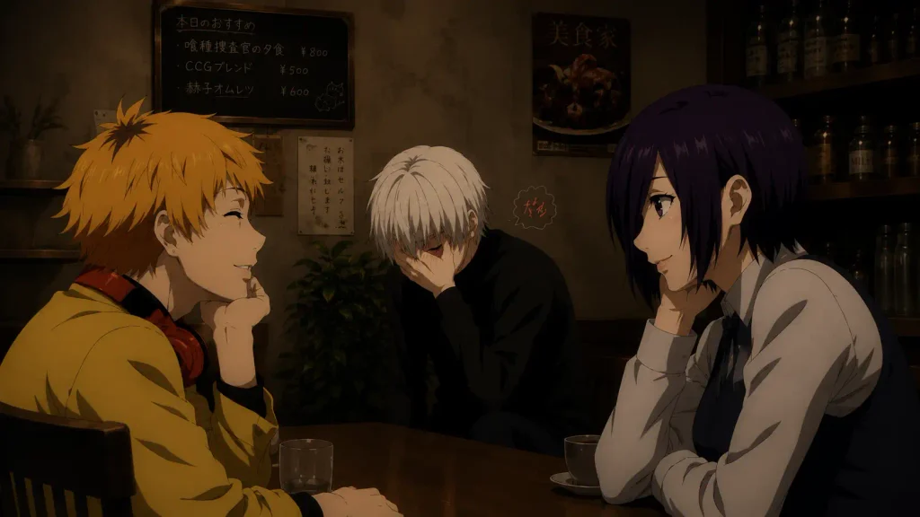 کانکی کن، هیده‌یوشی ناگاکا و توکا کیریشیما از Tokyo Ghoul در حال گفت‌وگو در یک کافه