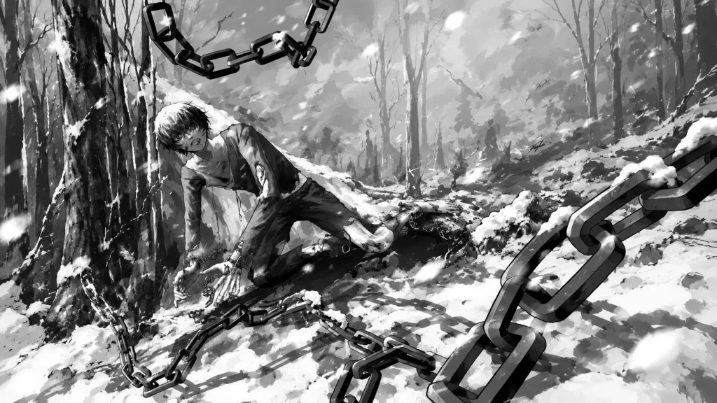 آرت‌ورک سانی از مانهوای Shadow Slave، مجروح و در زنجیر در جنگل برفی، در حالی که زنجیرهای سیاه در هوا معلق هستند