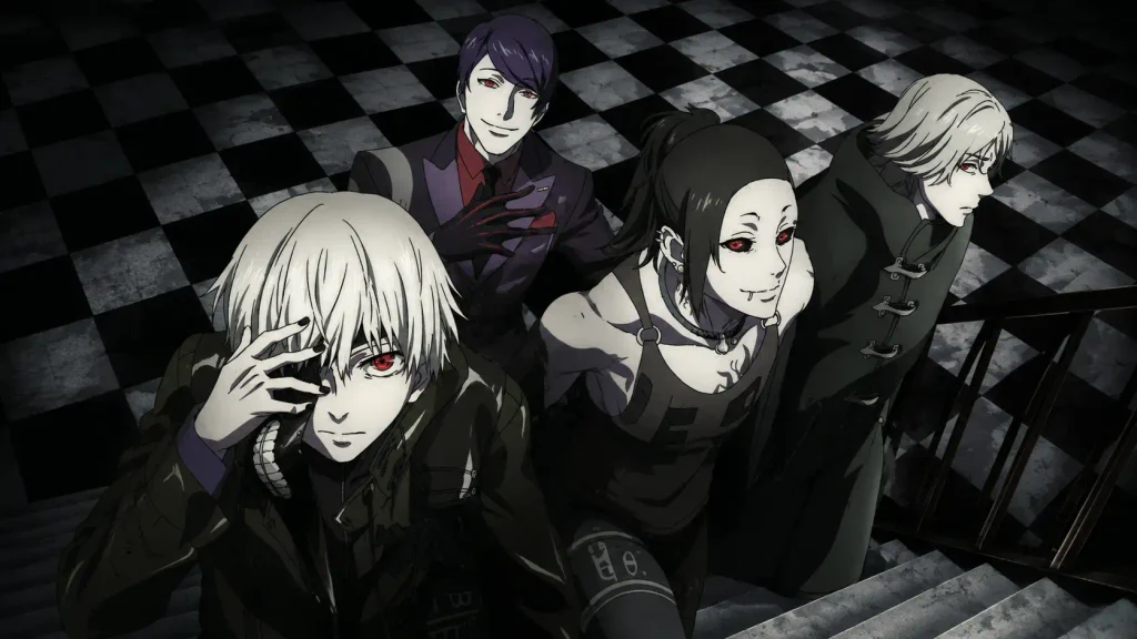 شخصیت‌های Tokyo Ghoul شامل کانکی کن و چند شخصیت دیگر در حال بالا رفتن از راه‌پله‌ای شطرنجی