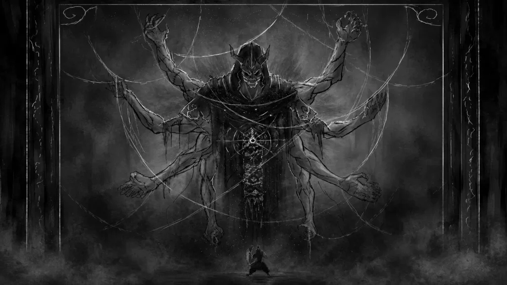 آرت‌ورک سانی از مانهوای Shadow Slave در نبرد با یک هیولای غول‌پیکر چنددست و شاخ‌دار در فضایی تاریک و دودآلود