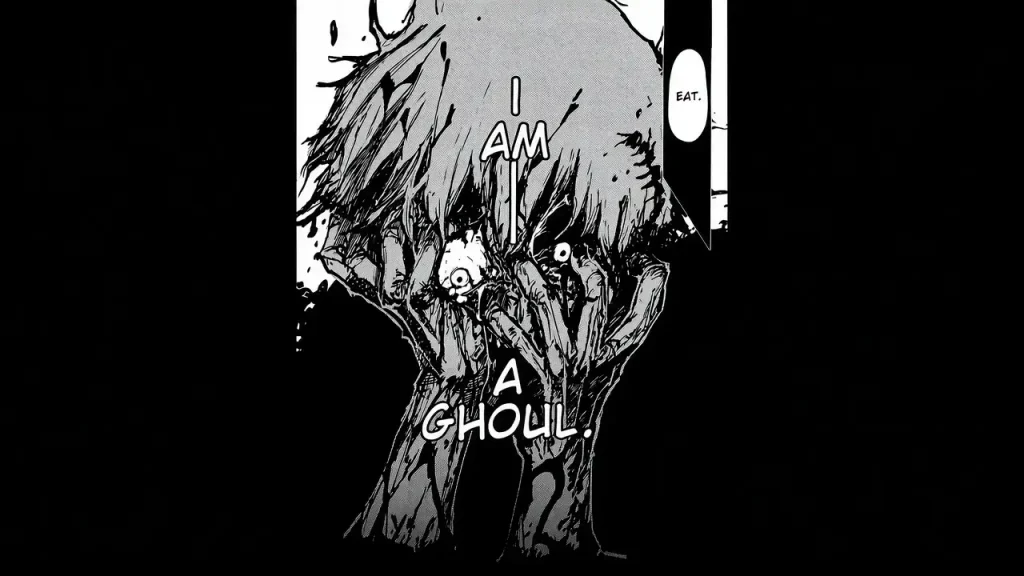 Tokyo Ghoul — کانکی کن در حال آشکار شدن هویت غول خود در صفحه مانگا