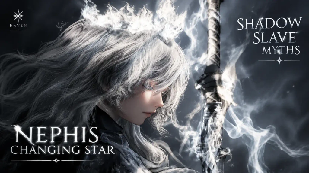 پوستر آرت‌ورک نفیس (Nephis) از مانهوای Shadow Slave با عنوان Changing Star، در حالی که موهای سفید و تاج نورانی دارد و شمشیری درخشان در میان شعله‌های سفید در دست گرفته است